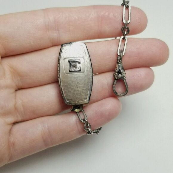 Vintage Hickok E Monogram Belt Watch Chain with Dog Clip, Silver Front, Antique - Picture 1 of 8
